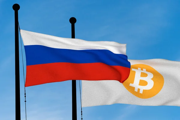 Bandera Rusia Bandera Bitcoin Ondeando Sobre Cielo Azul Digitalmente Gen — Foto de Stock