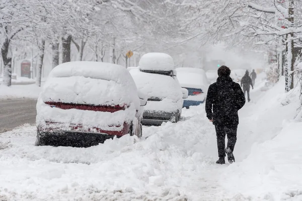 Miejska Ulica Samochody Pokryte Śniegiem Podczas Burzy Zimowej Mont — Zdjęcie stockowe