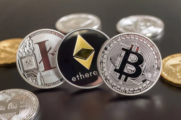 Cryptocurrency Coins Bitcoin Ethereum Litecoin — Stock Photo, Image
