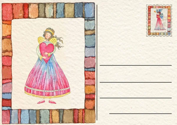 Hand drawn back postcard with Angel with heart