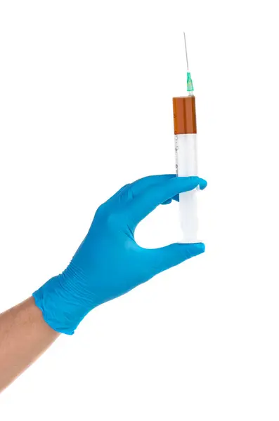 Hand Einem Blauen Medizinischen Handschuh Mit Spritze — Stockfoto