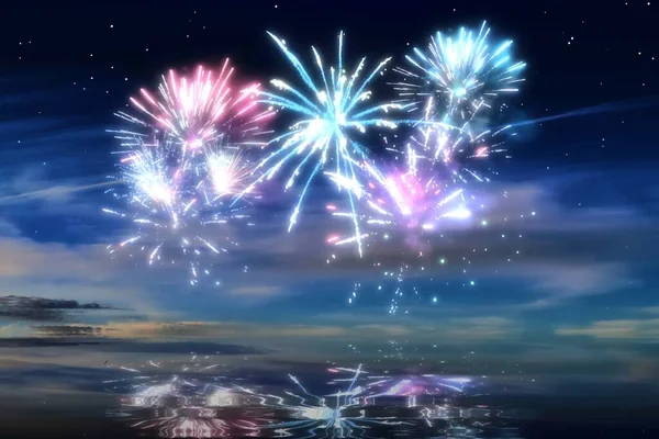 Beautiful Happy New Year Fireworks Sky Reflections — Fotografia de Stock