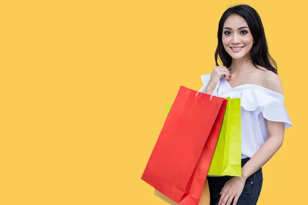 Beautiful Asian Young Woman Shopping Bags Smile While — Stockfoto
