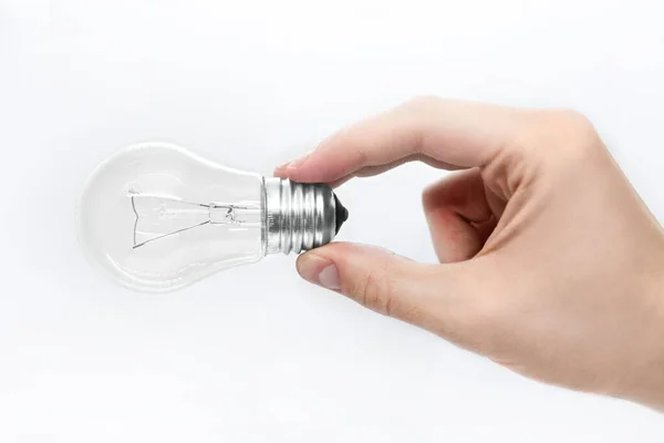 Male Hand Holds Light Bulb White Background — Stock Photo, Image