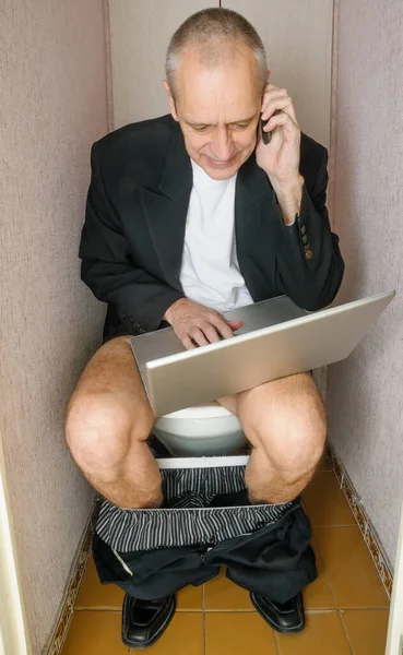Workaholic Adult Businessman Laptop Toilet — Stock Photo, Image