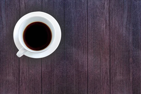 Top View Witte Keramische Kop Zwarte Koffie Donkere Houten Backgroud — Stockfoto