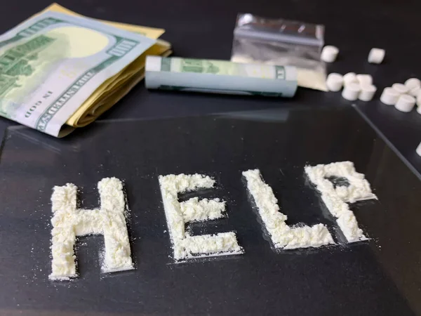 Pastillas Billetes Dólar Cocaína Sobre Fondo Gris —  Fotos de Stock