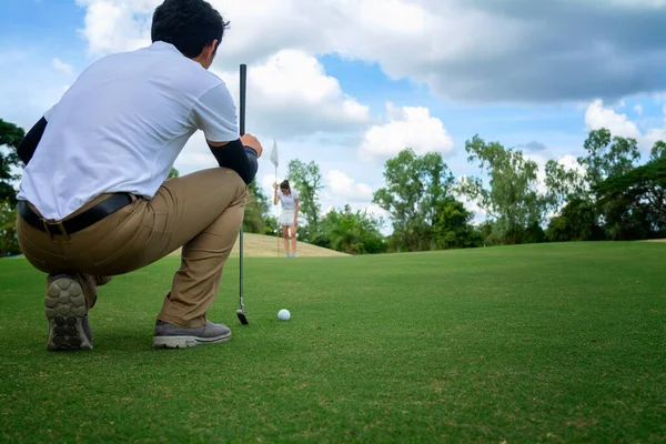 Golf Player Check Line Putting Golf Ball Green Grass — Stock Photo, Image