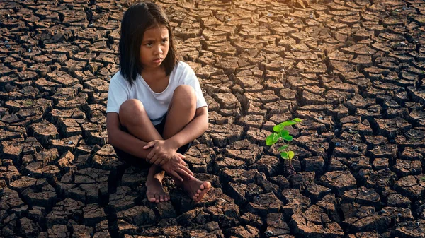Sad Girl Sitting Dry Soil Small Trees Grow — Foto Stock