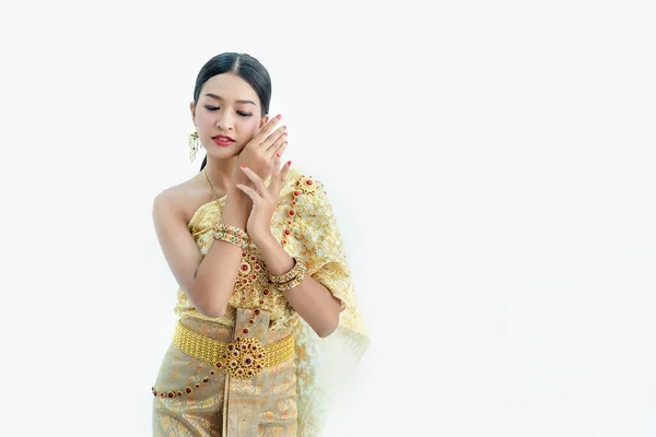 Όμορφο Κορίτσι Της Ταϊλάνδης Παραδοσιακή Φορεσιά Λευκό Φόντο — Φωτογραφία Αρχείου