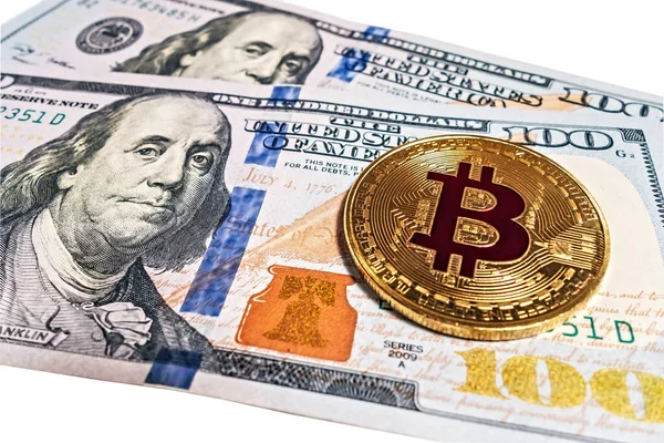 Gold Bitcoin Münze Von Dollarscheinen Geld Amerikanisch — Stockfoto
