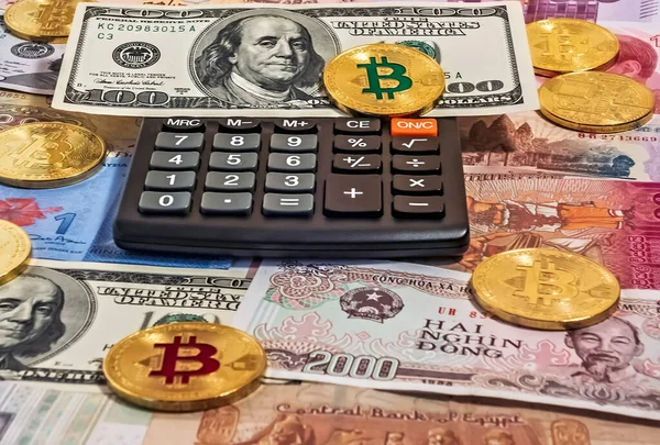 Black Electronic Calculator Gold Bitcoin Blockchain Technology — Stock Photo, Image
