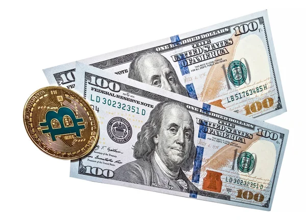 Gold Bitcoin Münze Von Dollarscheinen Usd Isoliert Auf Weißem Hintergrund — Stockfoto