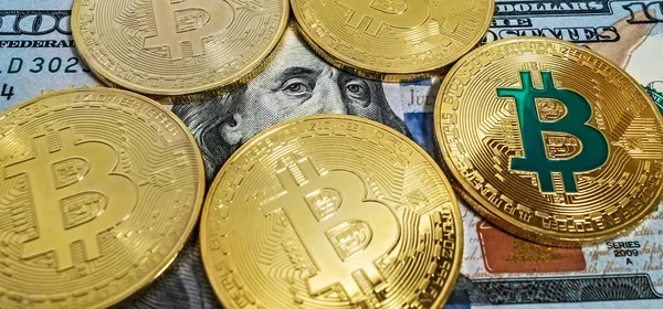 Gold Bitcoin Münze Von Dollarscheinen Makro Porträt Von Benjamin Fra — Stockfoto