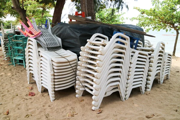 Plastic Chairs Tables Umbrellas Had Pack — Stock Photo, Image