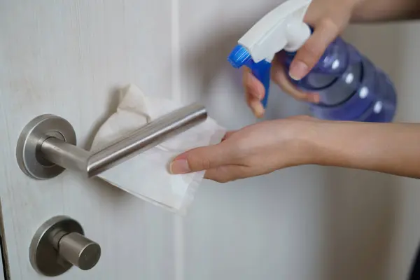 Mano Donna Utilizzando Tovagliolo Detergente Spray Pulizia Maniglia — Foto Stock