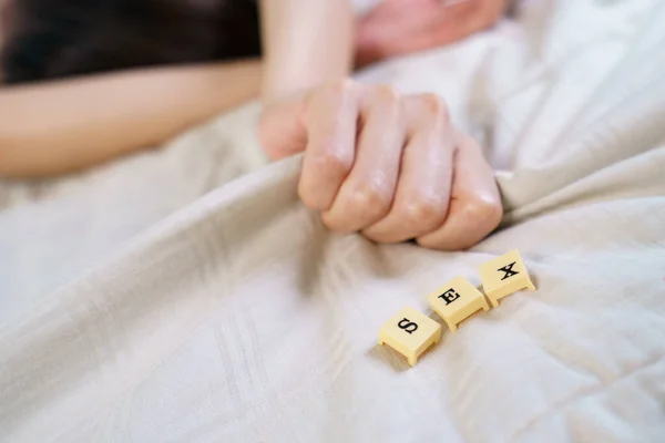 Woman Hand Sign Orgasm Bed Scrabble Board Showing Words — Photo
