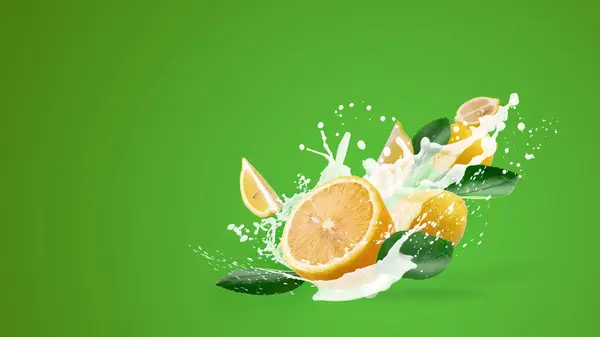 牛奶飞溅和黄色柠檬水果隔离在绿色背景 — 图库照片