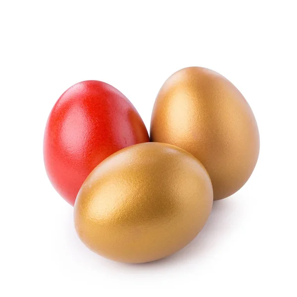 Goldene Eier Und Rote Eier Isoliert Auf Weißem Hintergrund — Stockfoto