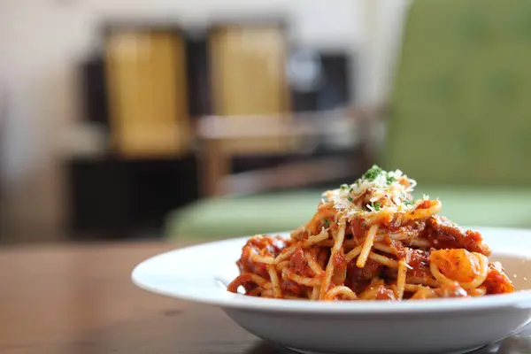 Spaghetti Bolognaise Sur Fond Gros Plan — Photo
