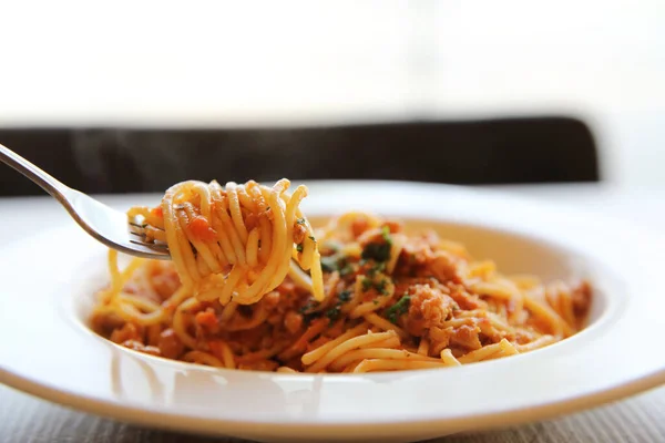Salsa Carne Boloñesa Espaguetis Sobre Madera —  Fotos de Stock