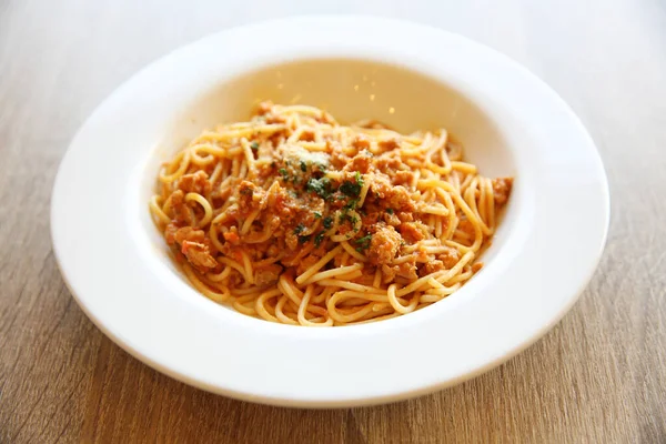 Salsa Carne Boloñesa Espaguetis Sobre Madera —  Fotos de Stock