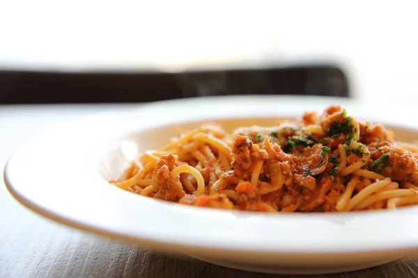 Spaghetti Bolognese Vlees Saus Hout — Stockfoto
