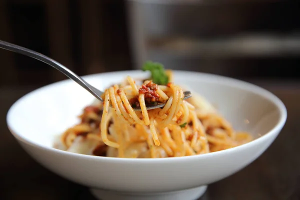 Spaghetti Bolognese Vlees Saus Hout — Stockfoto