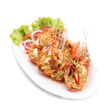 Kızarmış karides curry beyaz bir plaka ile