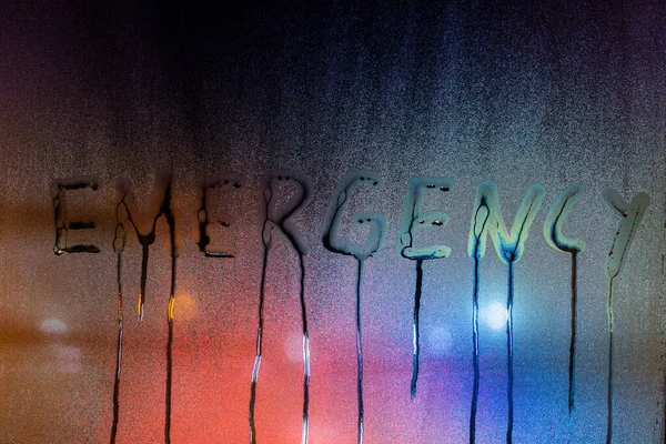 Word Emergency Written Night Wet Window Glass Close Blurred Background — Photo
