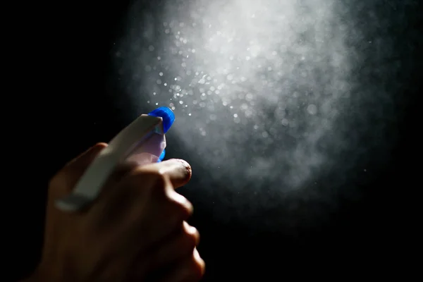 Woman Hands Blue Foggy Spraying Disinfectant Stop Spre — Photo