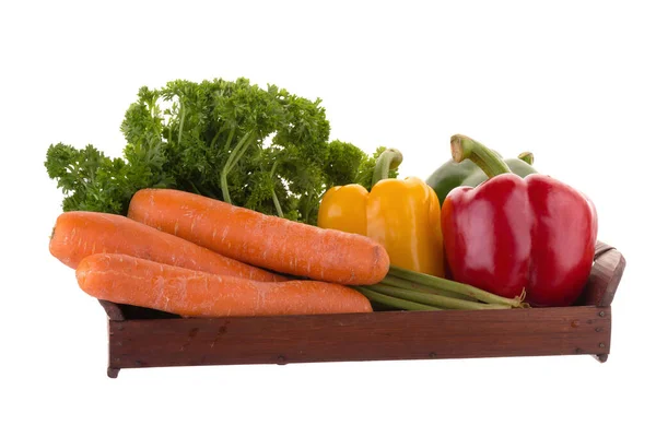 Yellow Red Green Pepper Carrot Parsley Basket Isolated — Stock Photo, Image