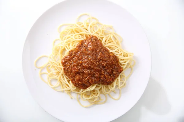 Espaguetis Bolognese Aislados Fondo Blanco —  Fotos de Stock