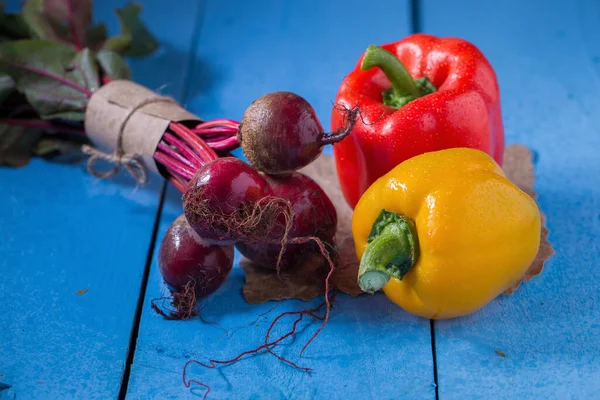 Yellow Pepper Red Pepper Beetroots Shooted Blue Wooden — Stock Photo, Image