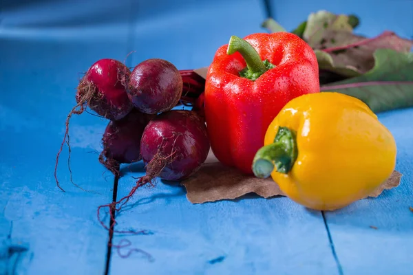 Yellow Pepper Red Pepper Beetroots Shooted Blue Wooden Table — Stock Photo, Image