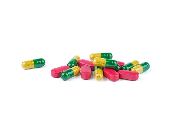 Pillole Rosse Giallo Verdi Sfondo Bianco — Foto Stock
