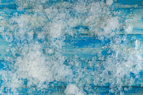 Crushed Ice Cubes Vintage Blue Wooden Table Top View — Stock Photo, Image