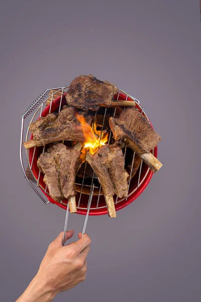 Roast Short Pork Ribs Gas Burner Flame Burns — Stock Photo, Image
