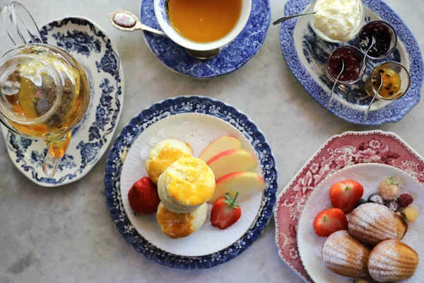 Madeleines French Sweet Dessert Fruits Tea — Stock Photo, Image