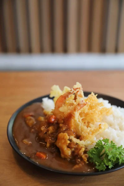 Japanse Curry Rijst Met Gebakken Garnalen Tempura Japans Eten — Stockfoto