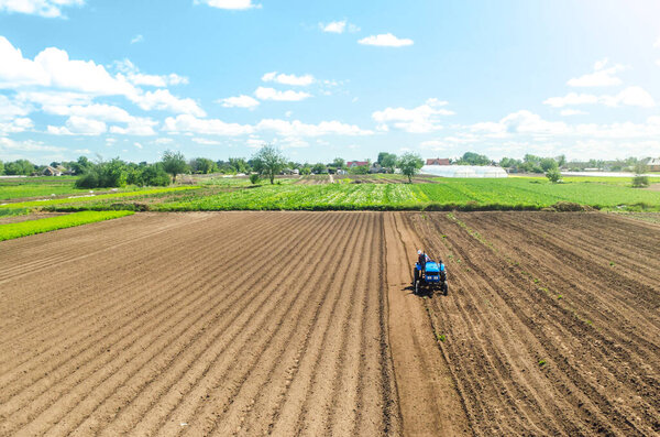 Farmer on tractor loosens and grinds the soil. Preparing the land for a new crop planting. Loosening the surface, cultivating the land. Farming and agriculture. agricultural sector of the economy