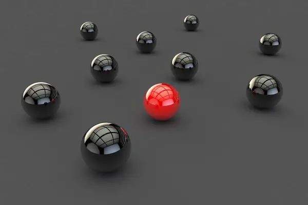 Image One Glossy Red Ball Stranger Many Black Balls Gray — Stock Photo, Image