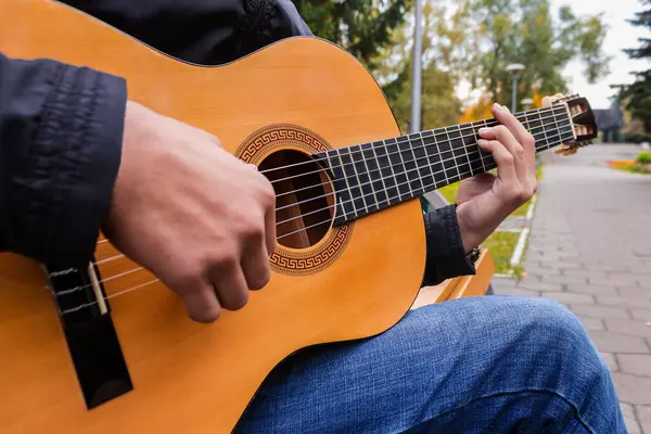 Musiker Som Spelar Sexsträngad Gitarr Parken — Stockfoto