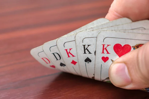 Ett Parti Poker Och Vinnande Kombination Kåk Gamla Spelkort Tre — Stockfoto