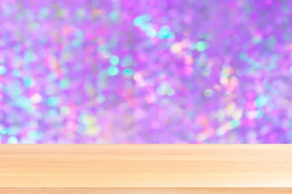 wood table board empty in front, wooden plank blank on bokeh violet purple luxurious background, perspective brown wood table front for mock up display products