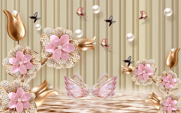 stock image 3d floral jewelry backgroun ilustration  swans