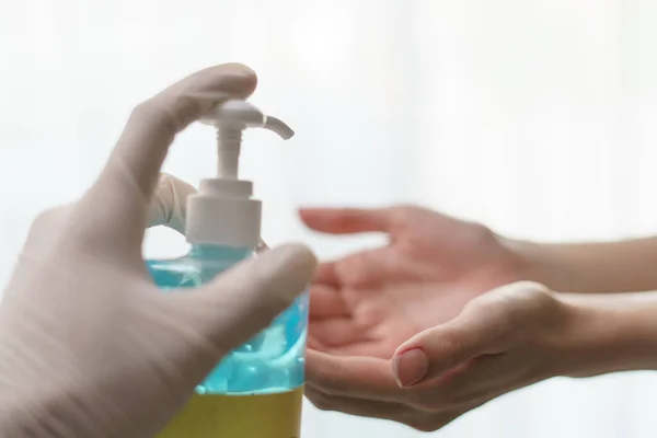 Hands Using Wash Hand Sanitizer Gel Pump Dispenser — Stock Photo, Image