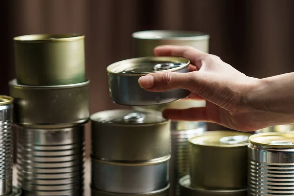 Woman Hand Group Aluminium Canned Food — Foto Stock