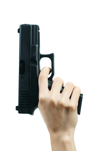 Gun Pisto Med Handen Isolerad Vit Bakgrund — Stockfoto