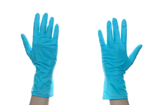 Frauenhand Trägt Blaue Gummihandschuhe Auf Weißem Isolat — Stockfoto